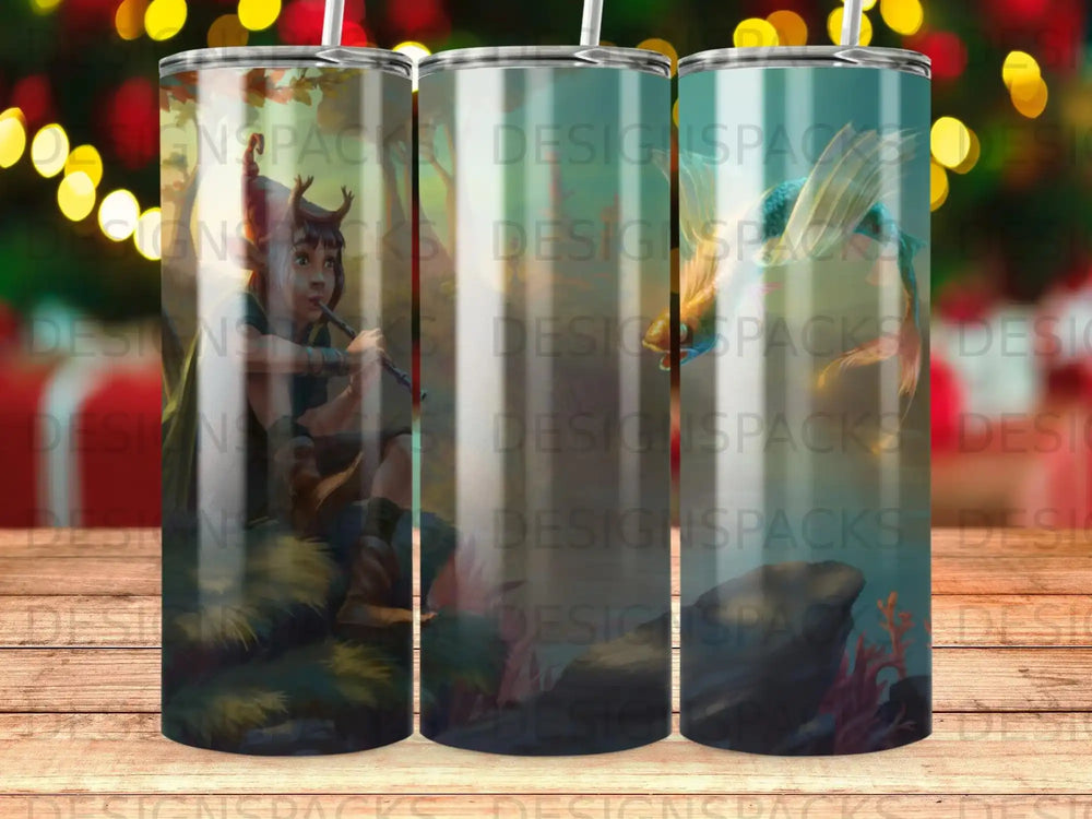 Fantasy scene with a fairy playing a flute next to a bird on a tumbler.