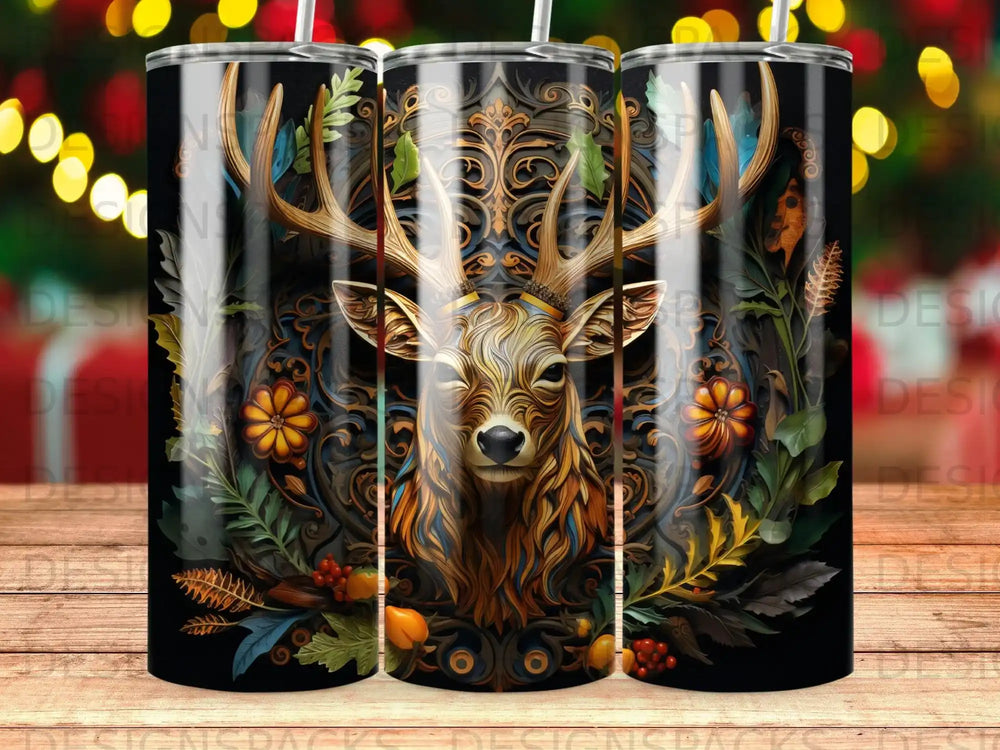 Deer head with ornate foliage design on a black tumbler.