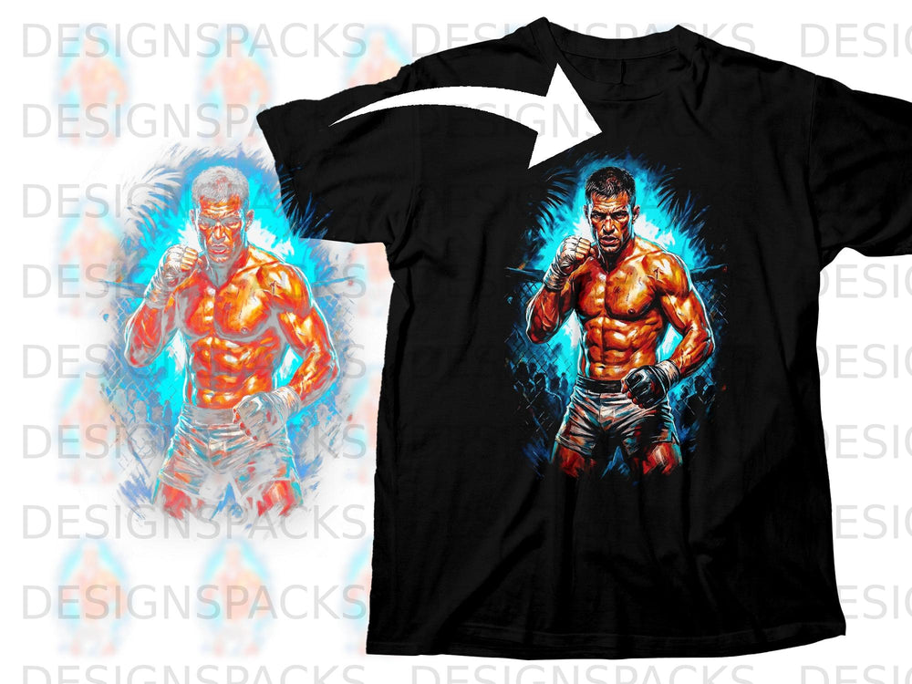 Black t-shirt with graphic of a muscular fighter against a blue, fiery background.