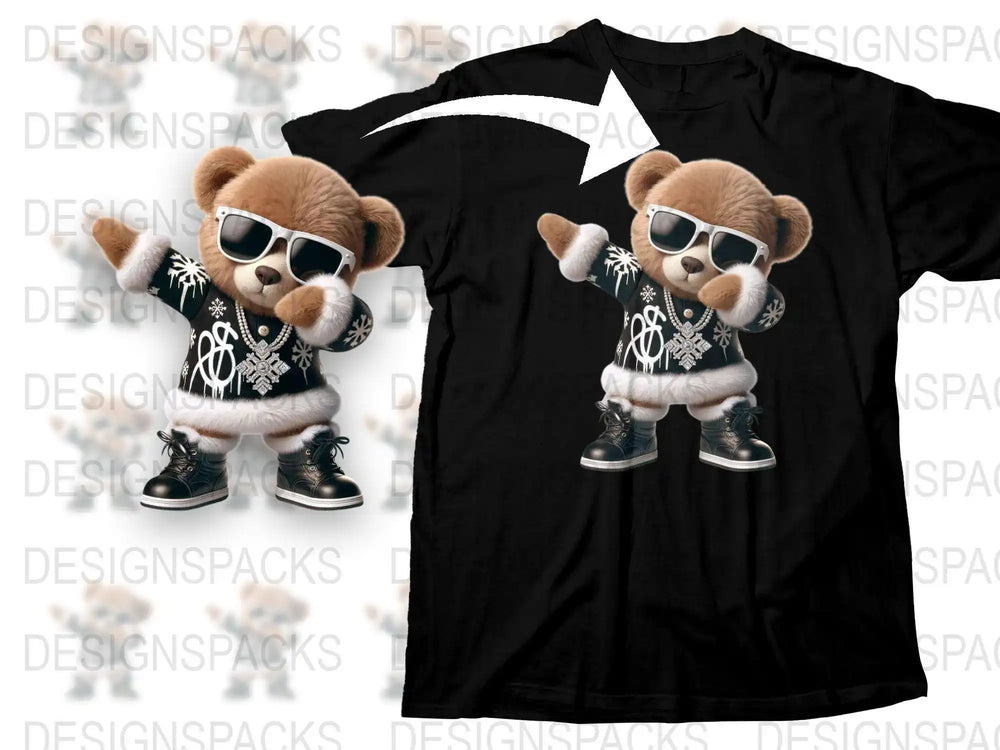 Cool Hip Hop Bear T-Shirt, Stylish Sunglasses and Sneakers, Unisex Black Tee