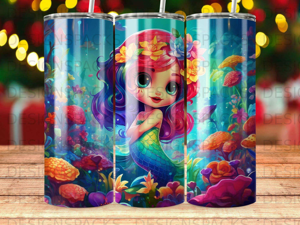 Mermaid with colorful hair and floral headdress in a vibrant underwater scene.