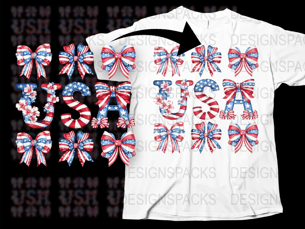 Patriotic USA T-Shirt with Floral Bows, American Flag Design, Red White and Blue, Casual Summer Apparel for Independence Day Celebrations