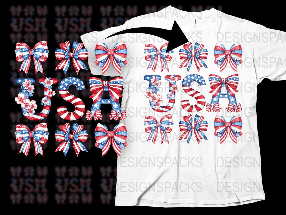 Patriotic USA T-Shirt with Floral Bows, American Flag Design, Red White and Blue, Casual Summer Apparel for Independence Day Celebrations