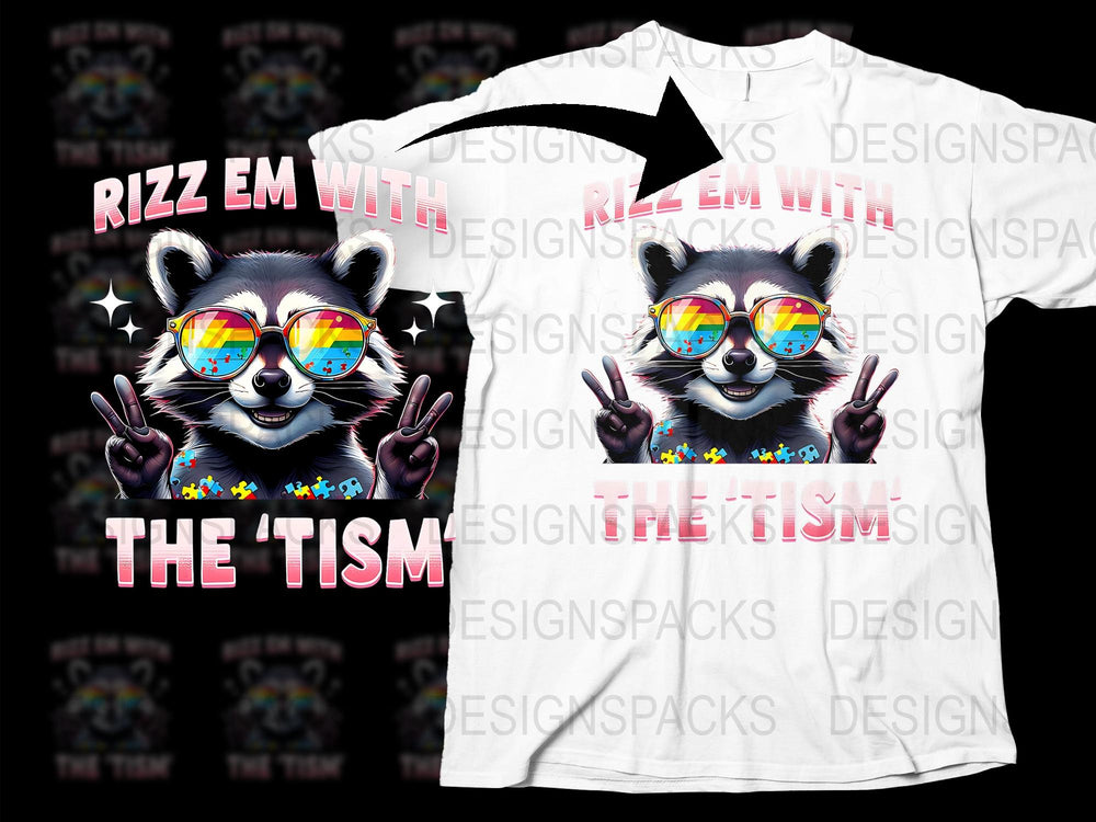 Rizz Em With The Tism Raccoon T-Shirt, Colorful Sunglasses, Peace Sign, Fun Animal Graphic Tee