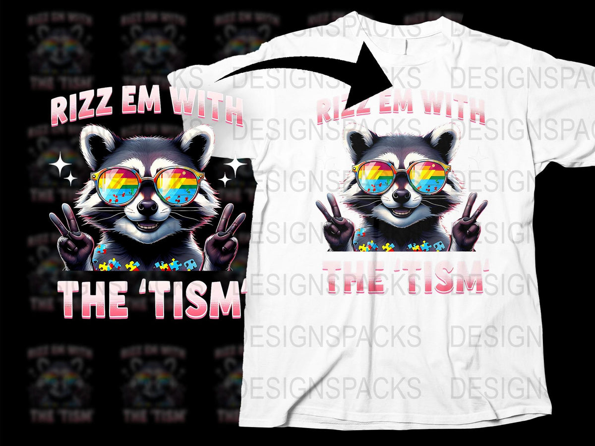 Rizz Em With The Tism Raccoon T-Shirt, Colorful Sunglasses, Peace Sign, Fun Animal Graphic Tee