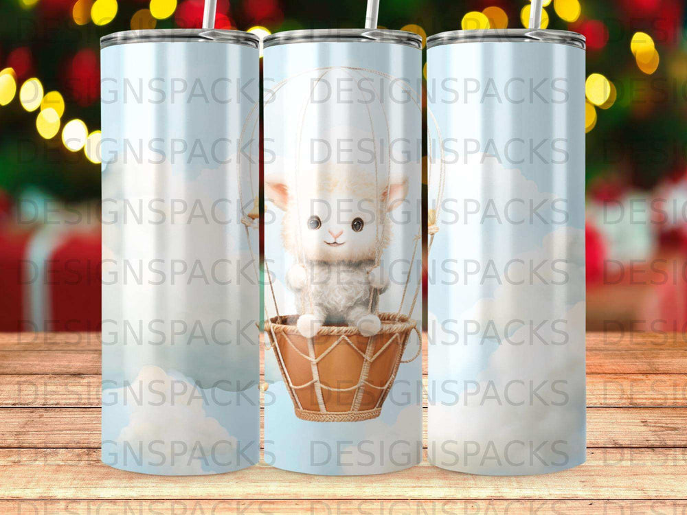 Fluffy lamb in hot air balloon against sky backdrop, water bottle.