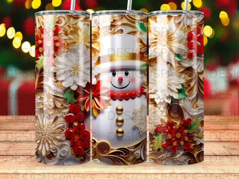 Snowman with festive red scarf and gold accents on a patterned background.