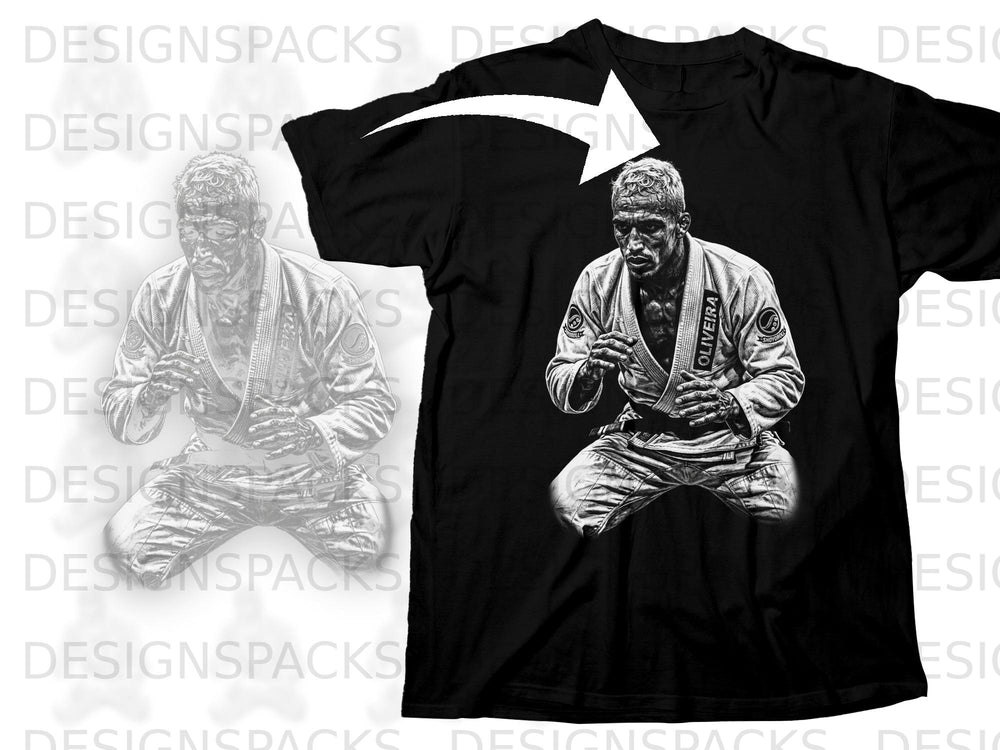 Black t-shirt with sketch of Charles Oliveira in a fighting stance.