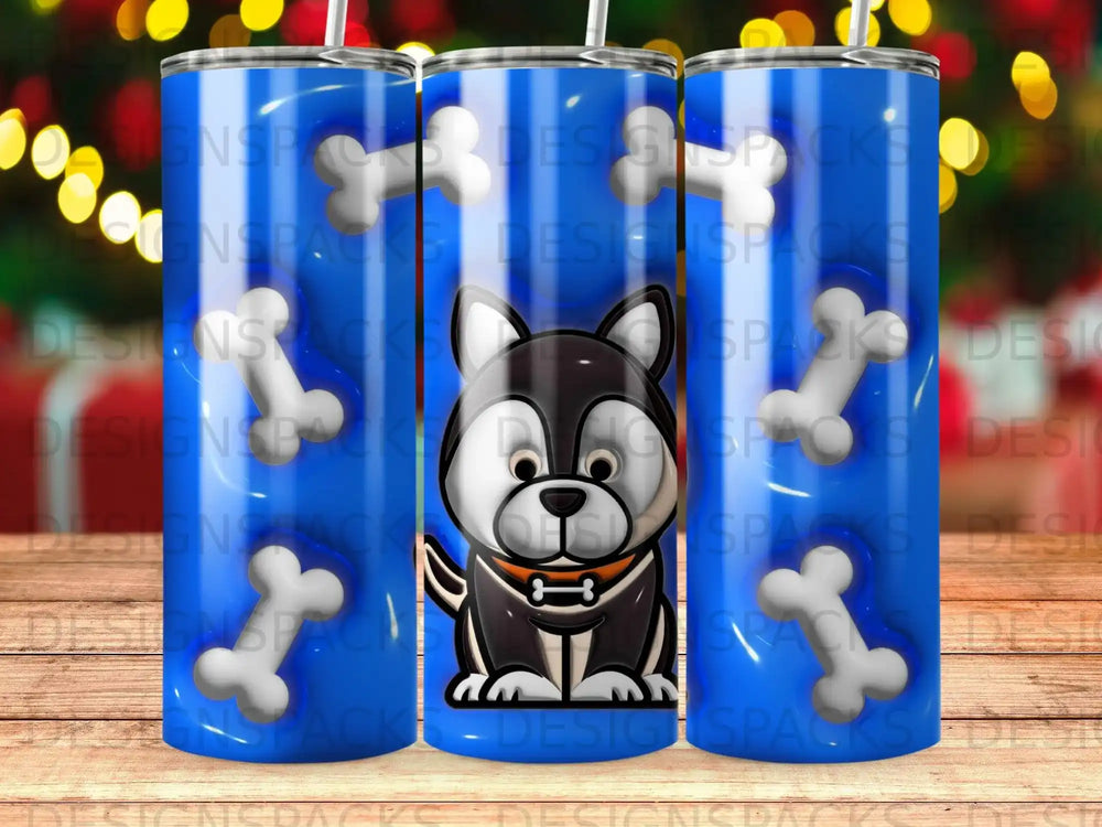 Black and white dog with bones on a blue patterned background.