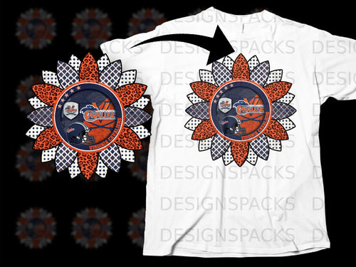 Virginia Cavaliers sunflower graphic with football helmet and leopard print.