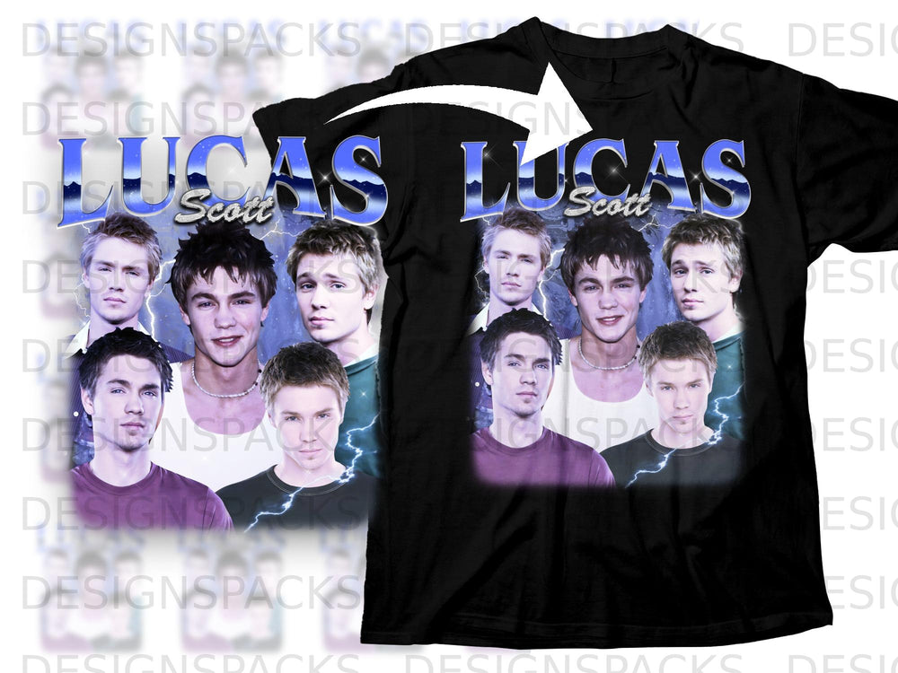 Black t-shirt featuring "LUCAS Scott" with lightning and portraits of young men.
