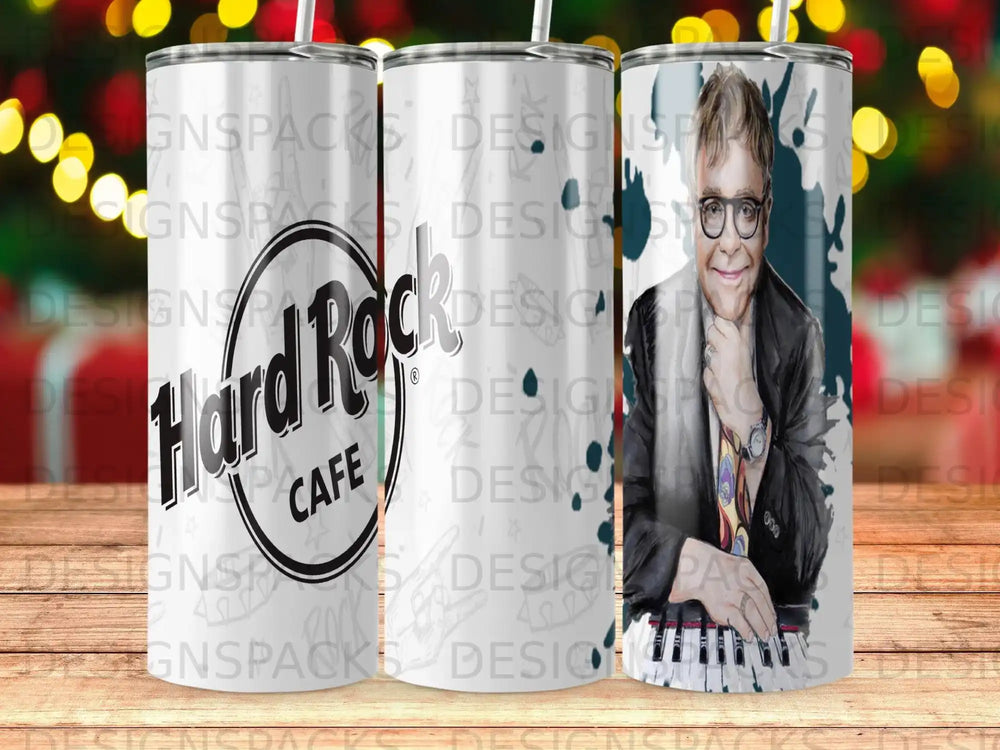Elton John with "Hard Rock Cafe" logo on a patterned tumbler.