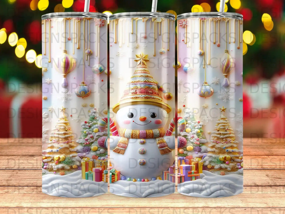 Christmas tumbler with snowman, trees, gifts, and festive lights.