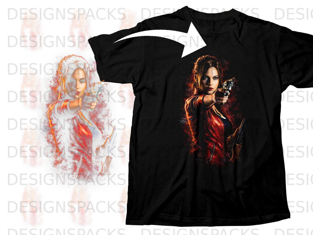 Black t-shirt with a woman holding a handgun, watercolor style graphic.