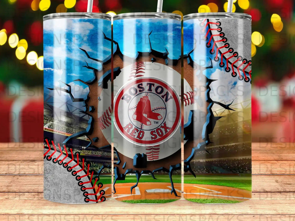 Boston Red Sox logo and baseball on cracked texture, stadium background.