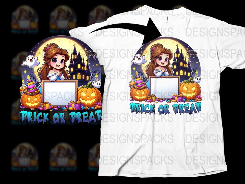 Halloween Trick or Treat T-Shirt, Cute Cartoon Princess and Ghosts, Kids and Adult Sizes, Festive Spooky Apparel