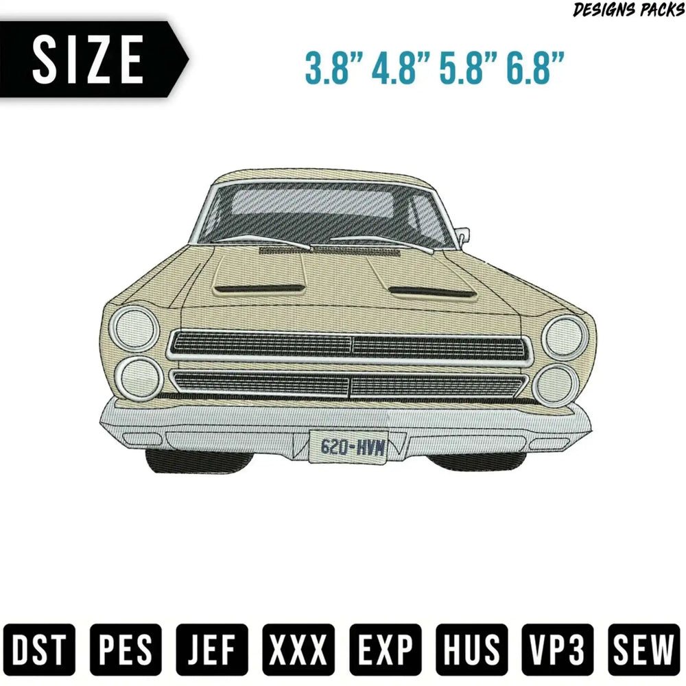 Embroidery design of a tan vintage car with "620-HVM" license plate.