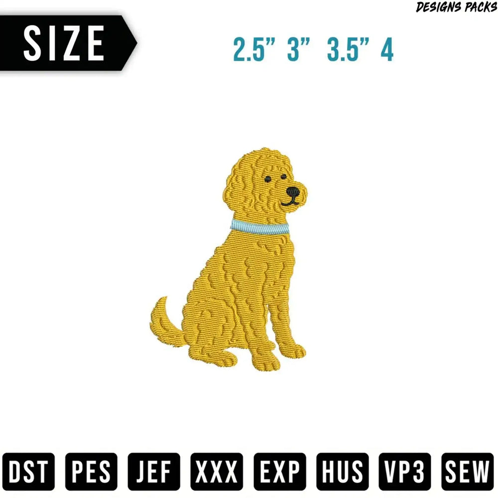 Golden retriever embroidery design, available in four sizes.