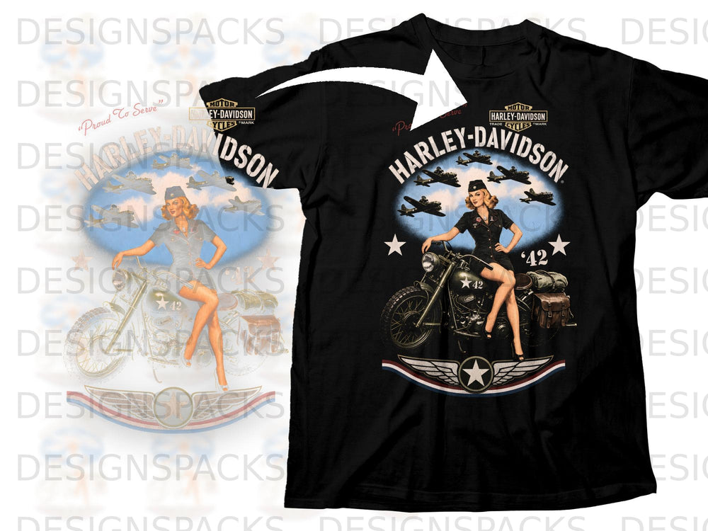 Black t-shirt with Harley-Davidson logo, pin-up girl, motorcycle, and planes.