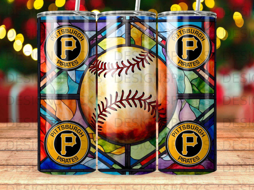 Pittsburgh Pirates logo on stained glass background tumbler with baseball.