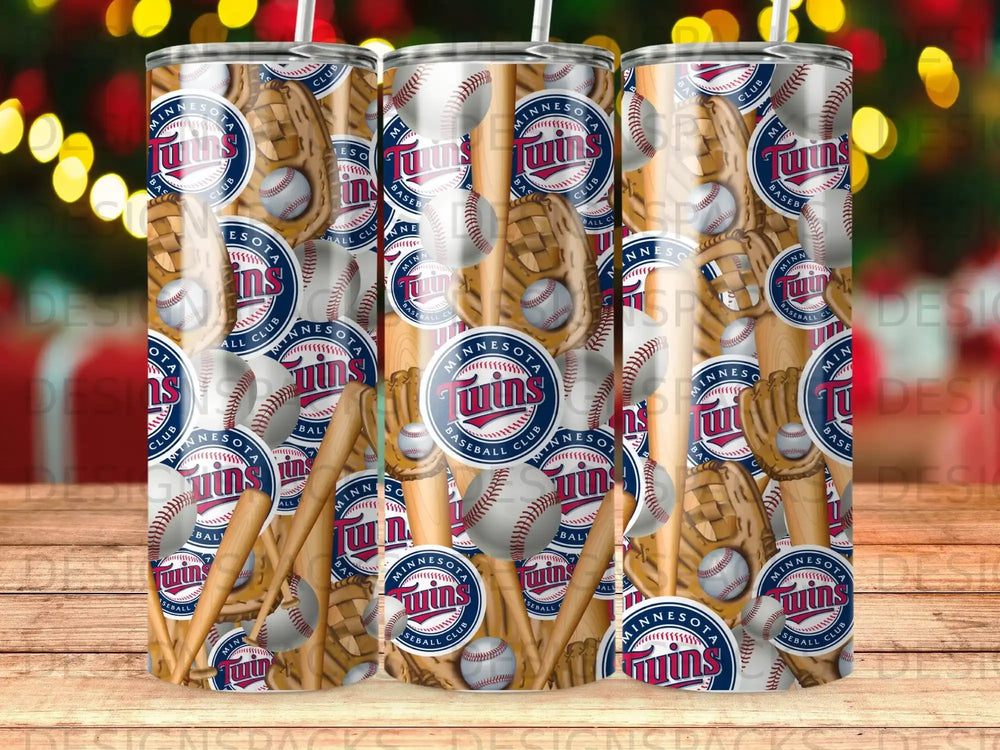 Minnesota Twins baseball pattern on a tumbler with gloves and bats.