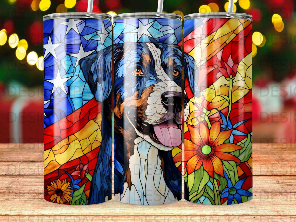 Bernese Mountain Dog with stained glass American flag and flowers.