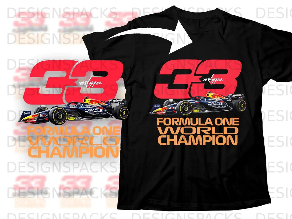 Black t-shirt with "Max Verstappen" and "Formula One World Champion" text and graphics.
