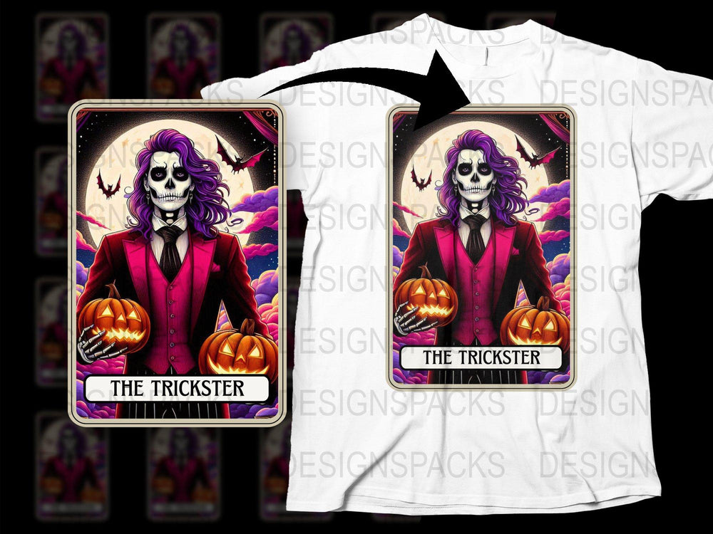 Halloween Trickster Skeleton T-Shirt, Purple Suit Pumpkin Graphic, Spooky Tarot Card Design Tee