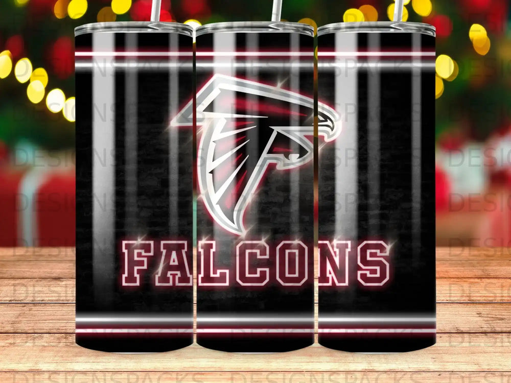 Atlanta Falcons logo with "FALCONS" text on a black tumbler.
