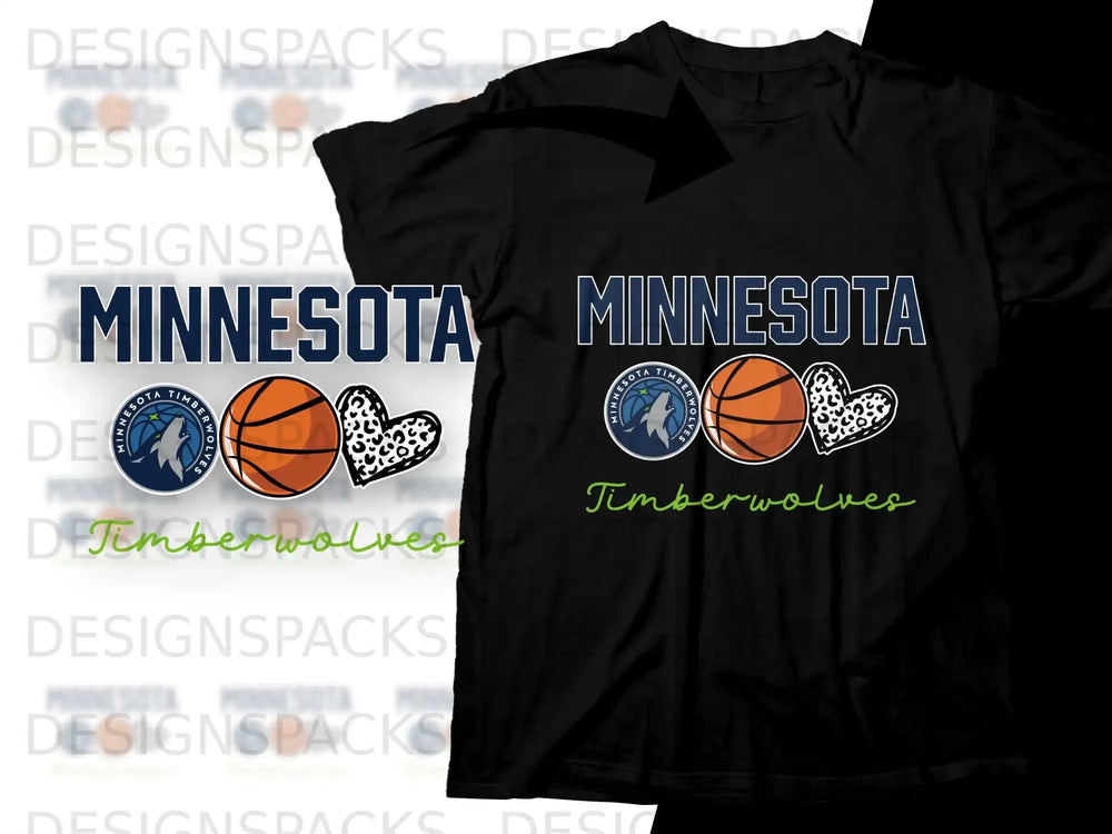 Minnesota Timberwolves logo with basketballs and heart graphic on black t-shirt.