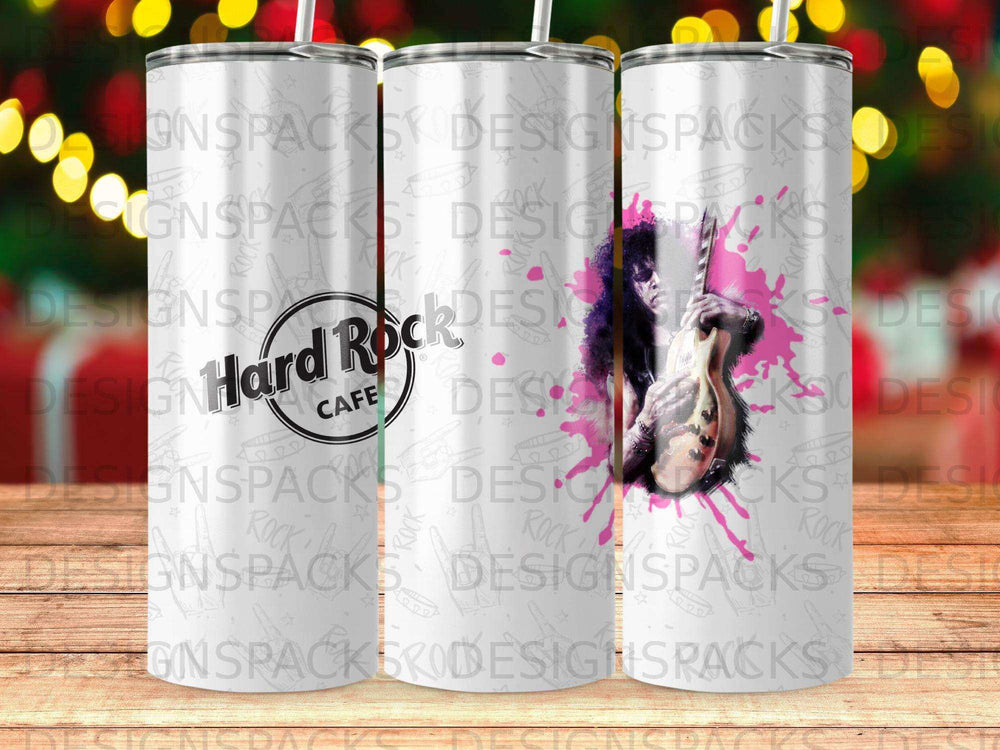 Hard Rock Cafe logo and an electric guitar on a tumbler.