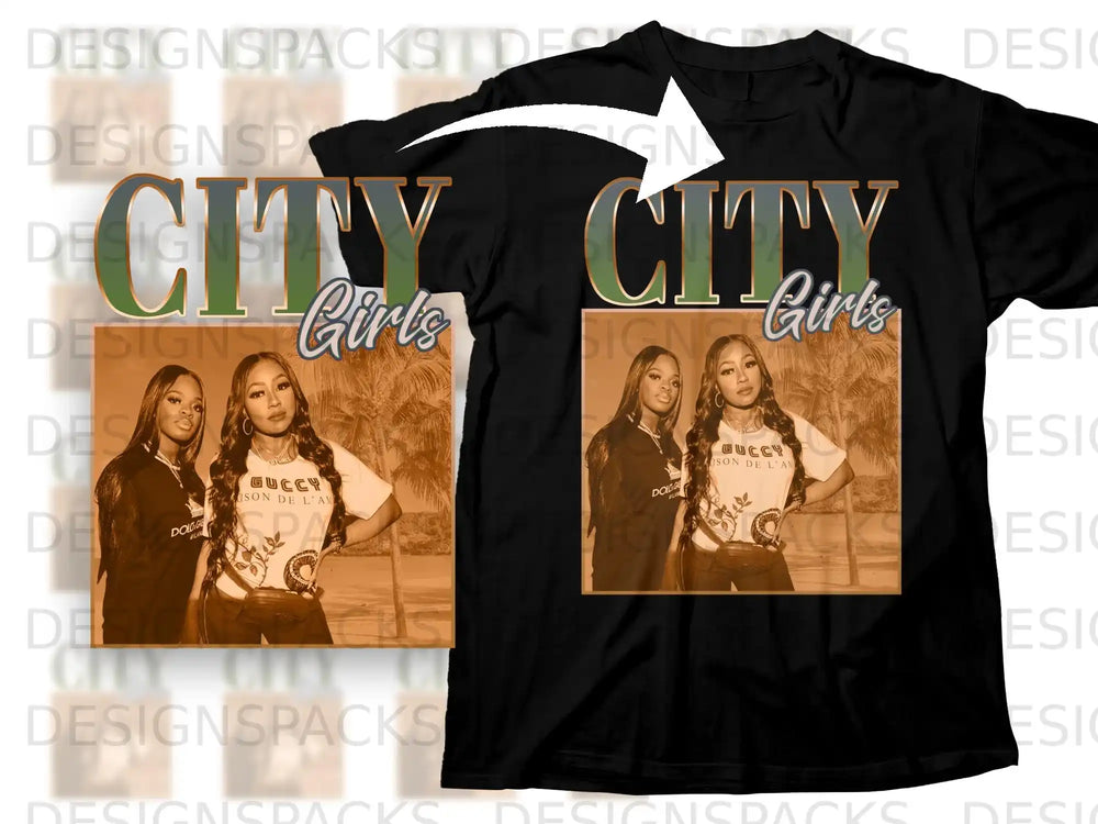 Black t-shirt with "CITY GIRLS" and "GUCCY ISON DE L'AM" printed over a photo.