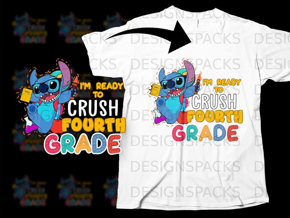 Stitch holding notes and crayon, ready to crush fourth grade text.