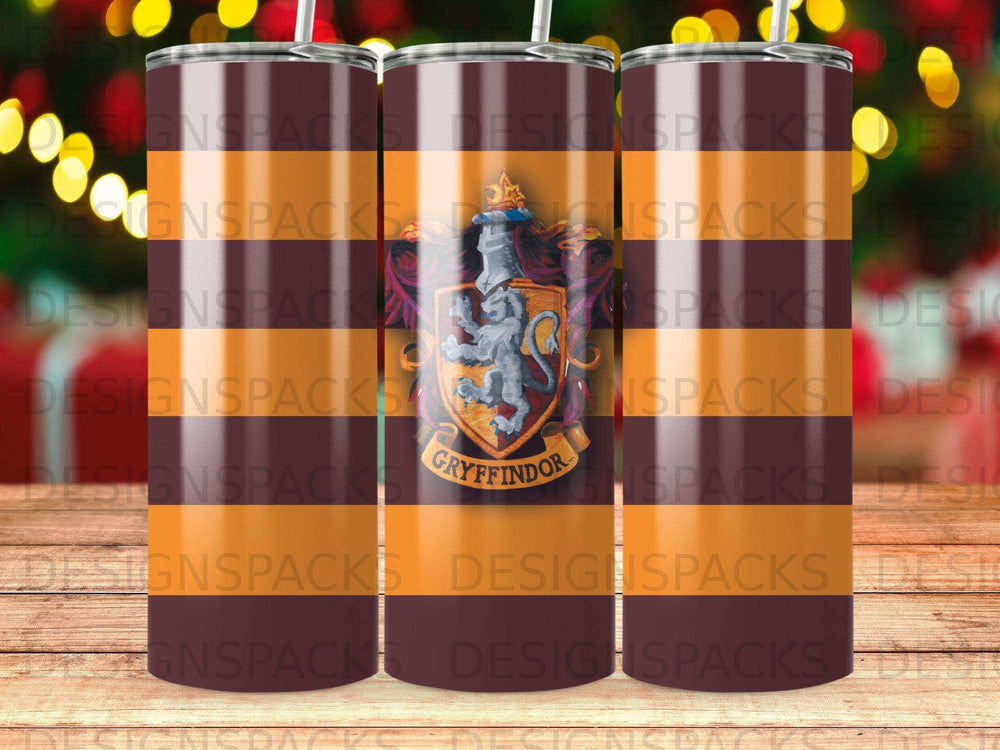 Tumbler with Gryffindor crest and horizontal orange and brown stripes.