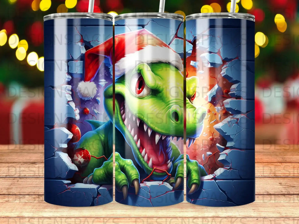 Green dinosaur in Santa hat bursting through brick wall with Christmas ornament.