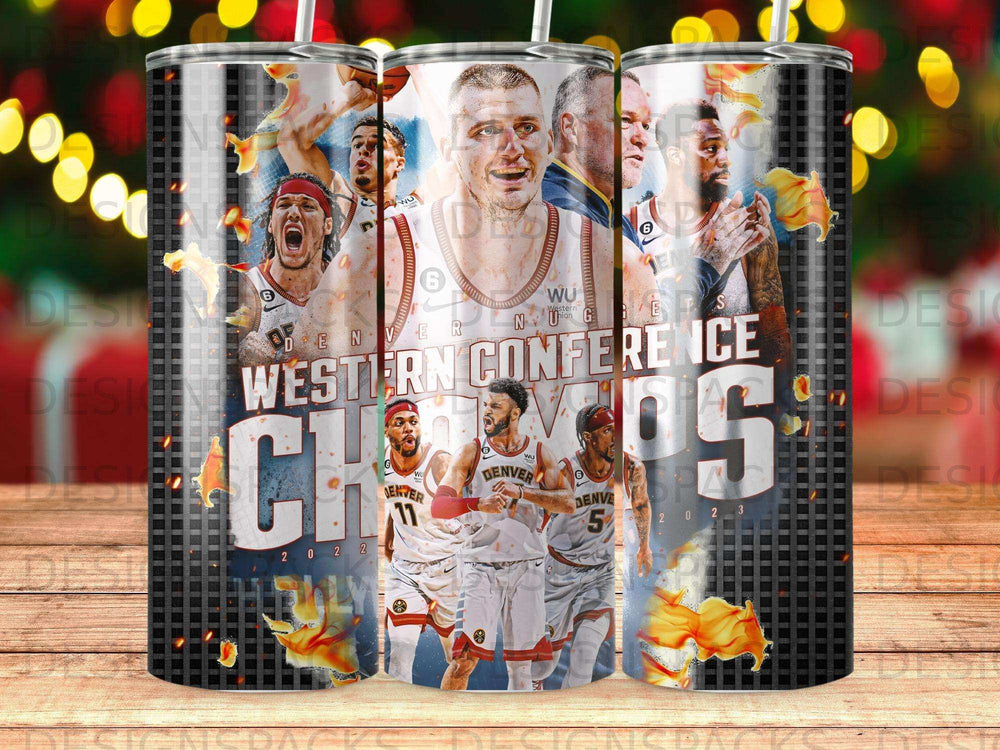 Denver Nuggets Western Conference Champions collage with players and trophies.