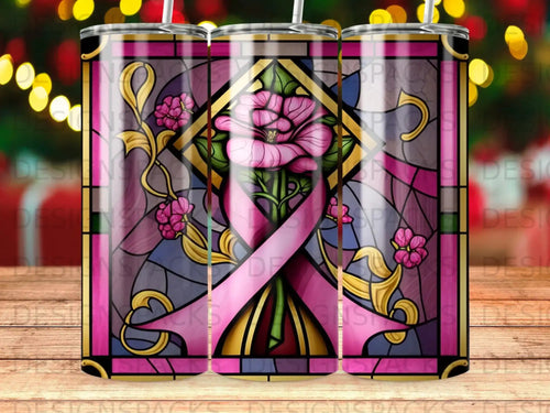 Stained glass tumbler design featuring a pink ribbon and floral motif.