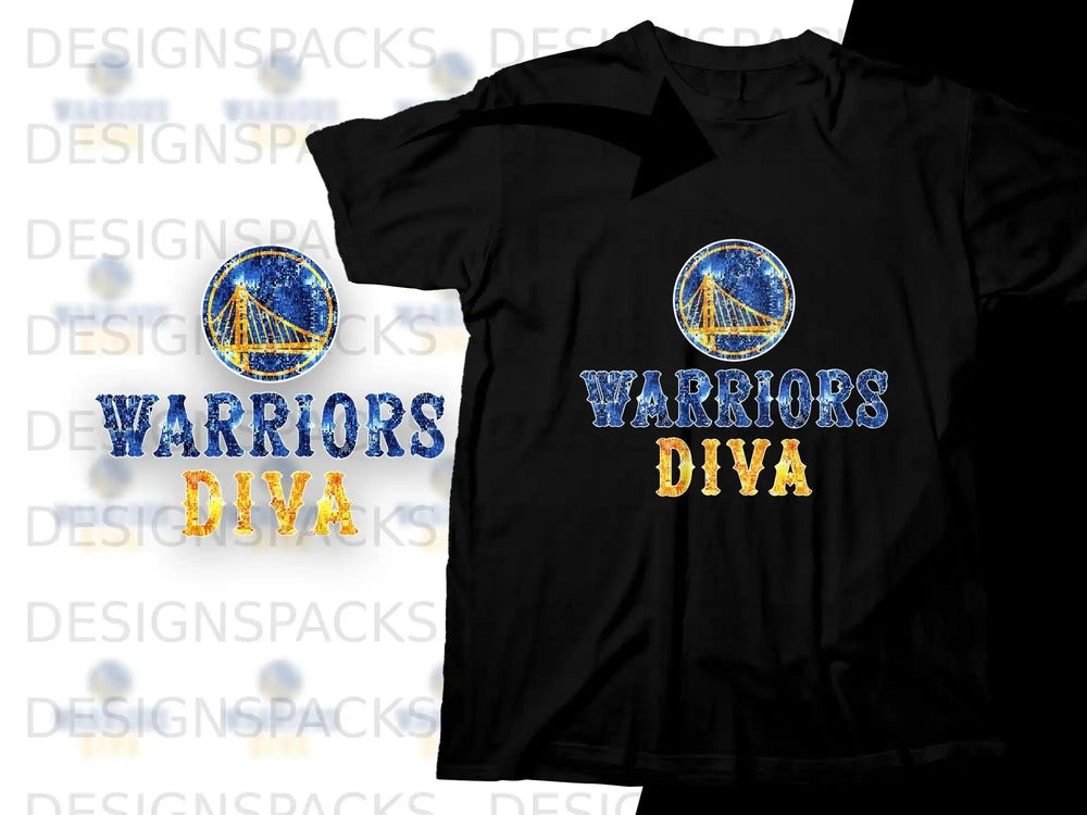 Black t-shirt with "Warriors Diva" in gold and blue sparkly font.