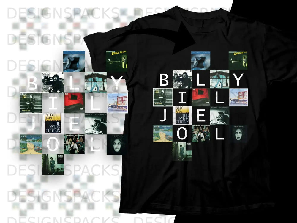 Black t-shirt featuring Billy Joel's album covers collage.