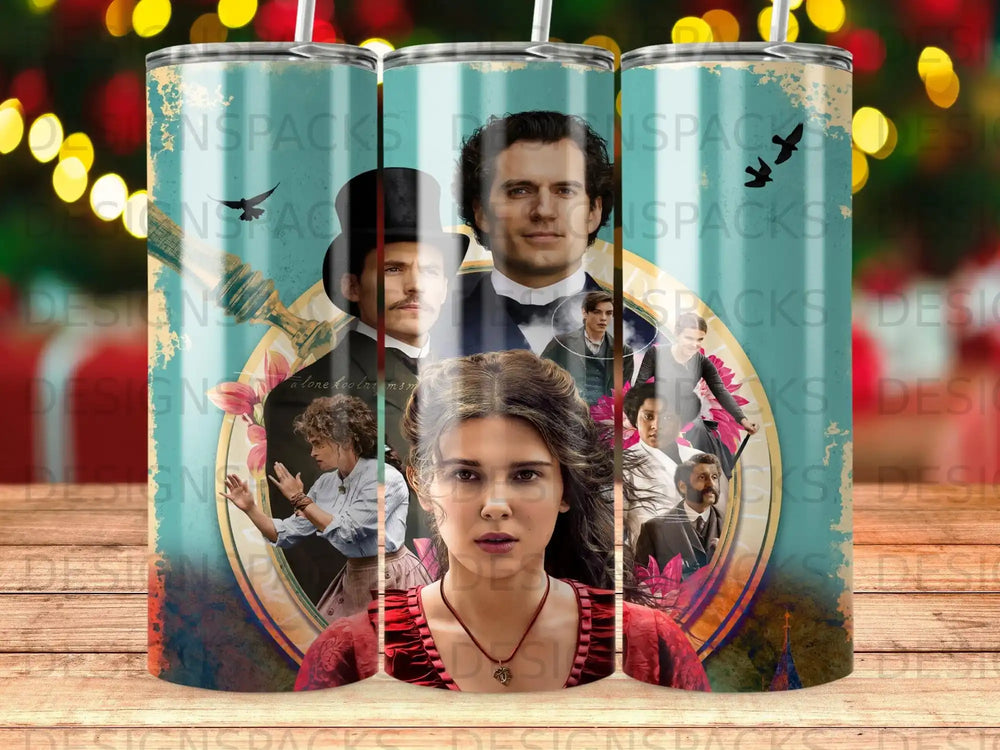 Enola Holmes film collage with characters and abstract background.