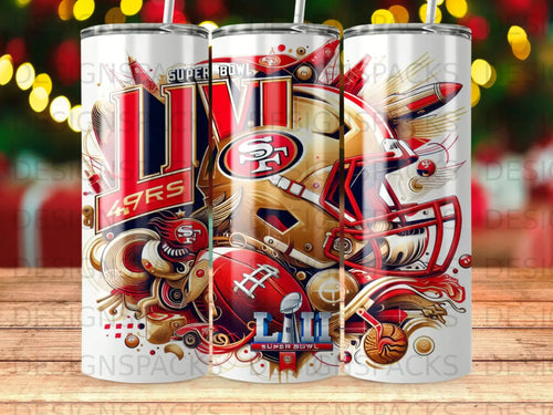 San Francisco 49ers Super Bowl helmet, football, and team logos on a white tumbler.