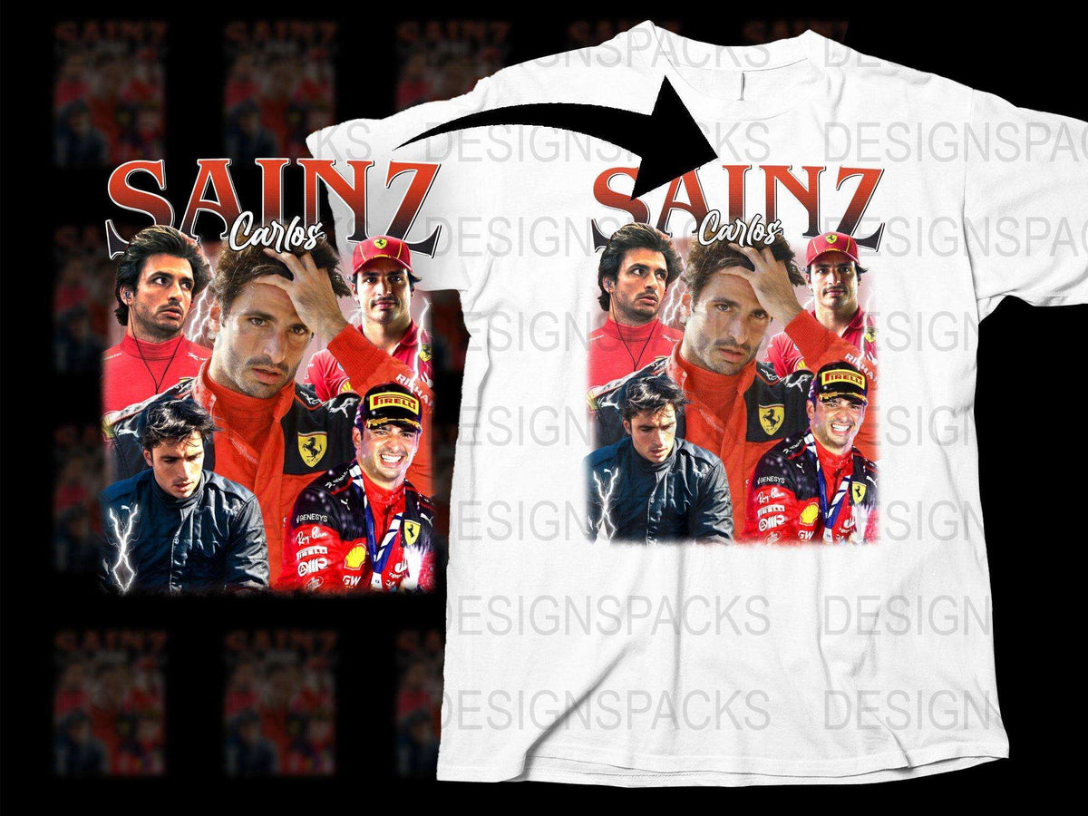 Carlos Sainz F1 Racing Graphic T-Shirt, Formula One Driver Collage, Motorsport Fan Apparel, Full Print Shirt, Gift for Racing Enthusiasts