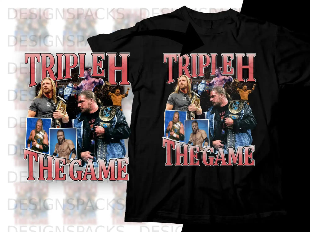 Triple H "The Game" graphic tee with championship belts and action shot.