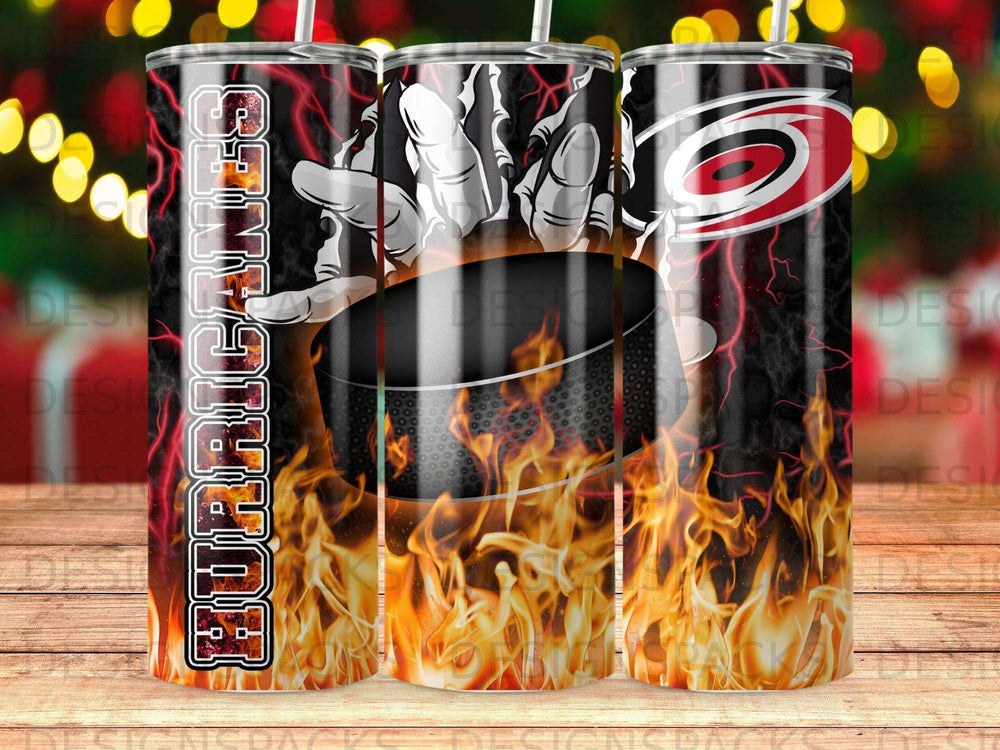 Carolina Hurricanes hockey team logo on a tumbler with flames.