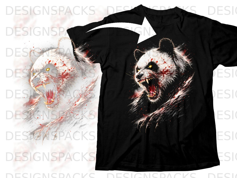 Black t-shirt with graphic of a snarling, blood-splattered panda with glowing eyes.