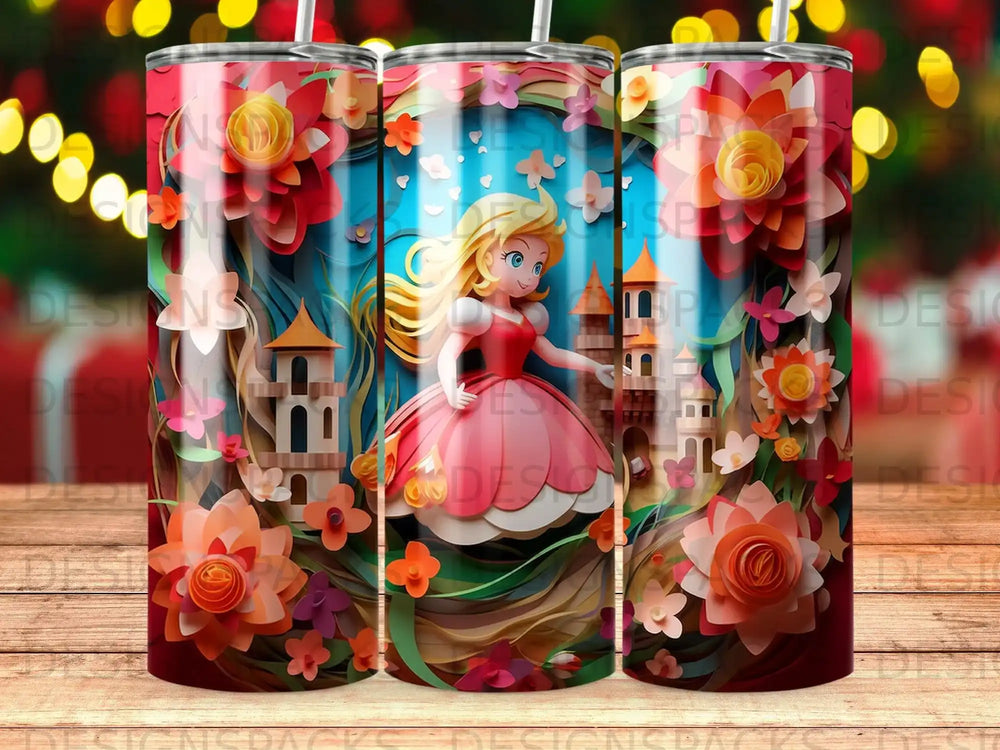 Princess castle with flowers and colorful rainbow background.