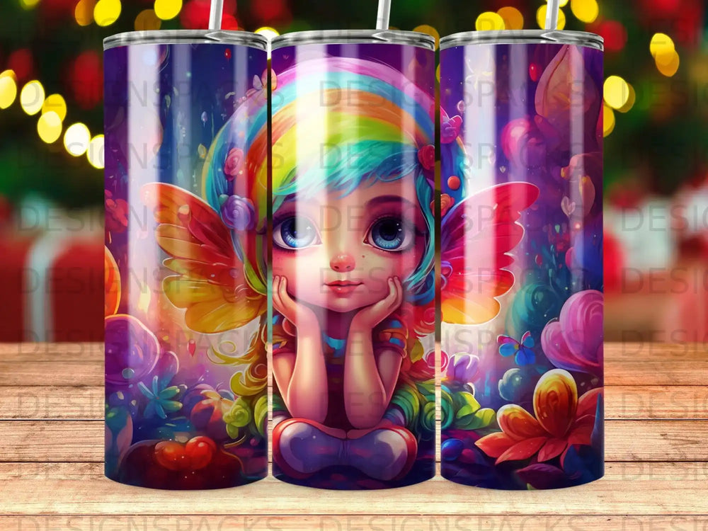 Whimsical fairy girl with rainbow hair and butterfly wings on a colorful, ornate background.