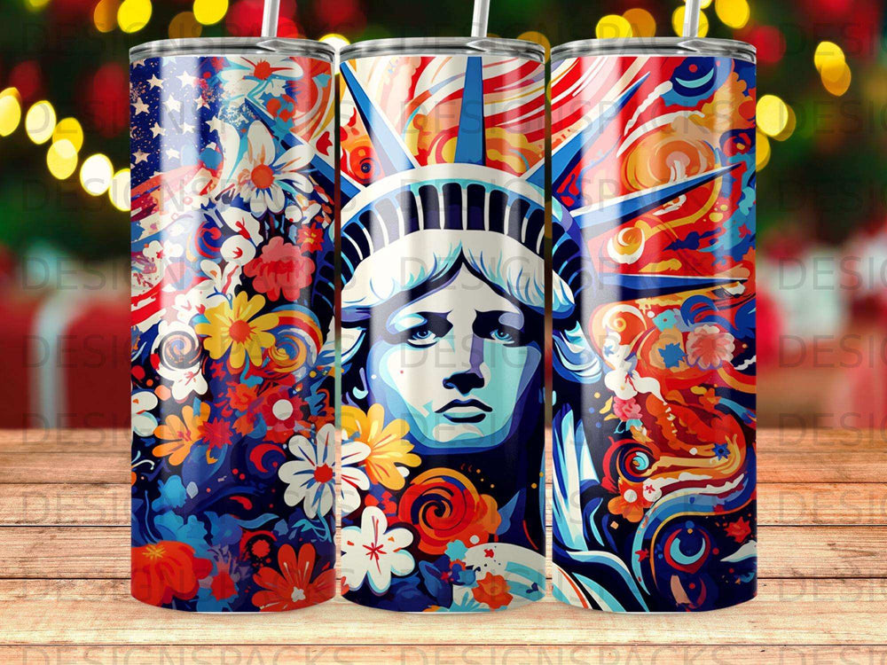 Statue of Liberty with floral and patriotic abstract designs.