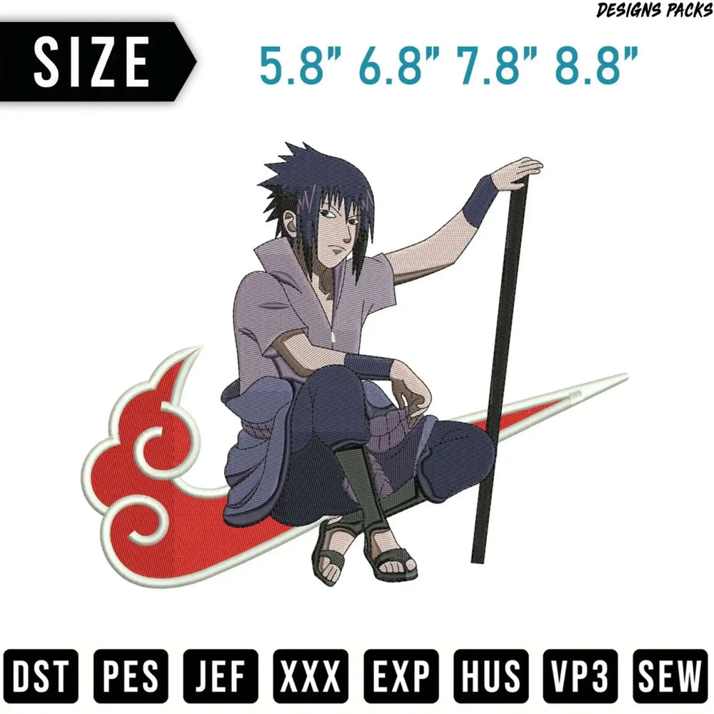 Sasuke Uchiha embroidered patch on a red cloud background.