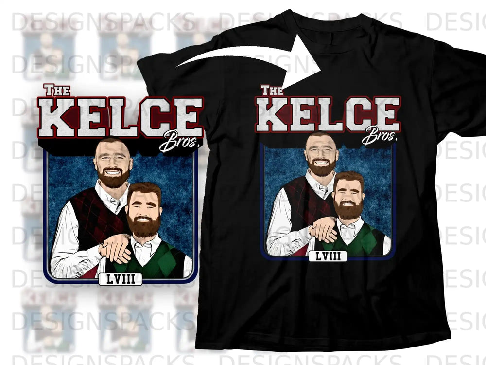 Kelce Bros. graphic tee with cartoon men in vests and shirts.